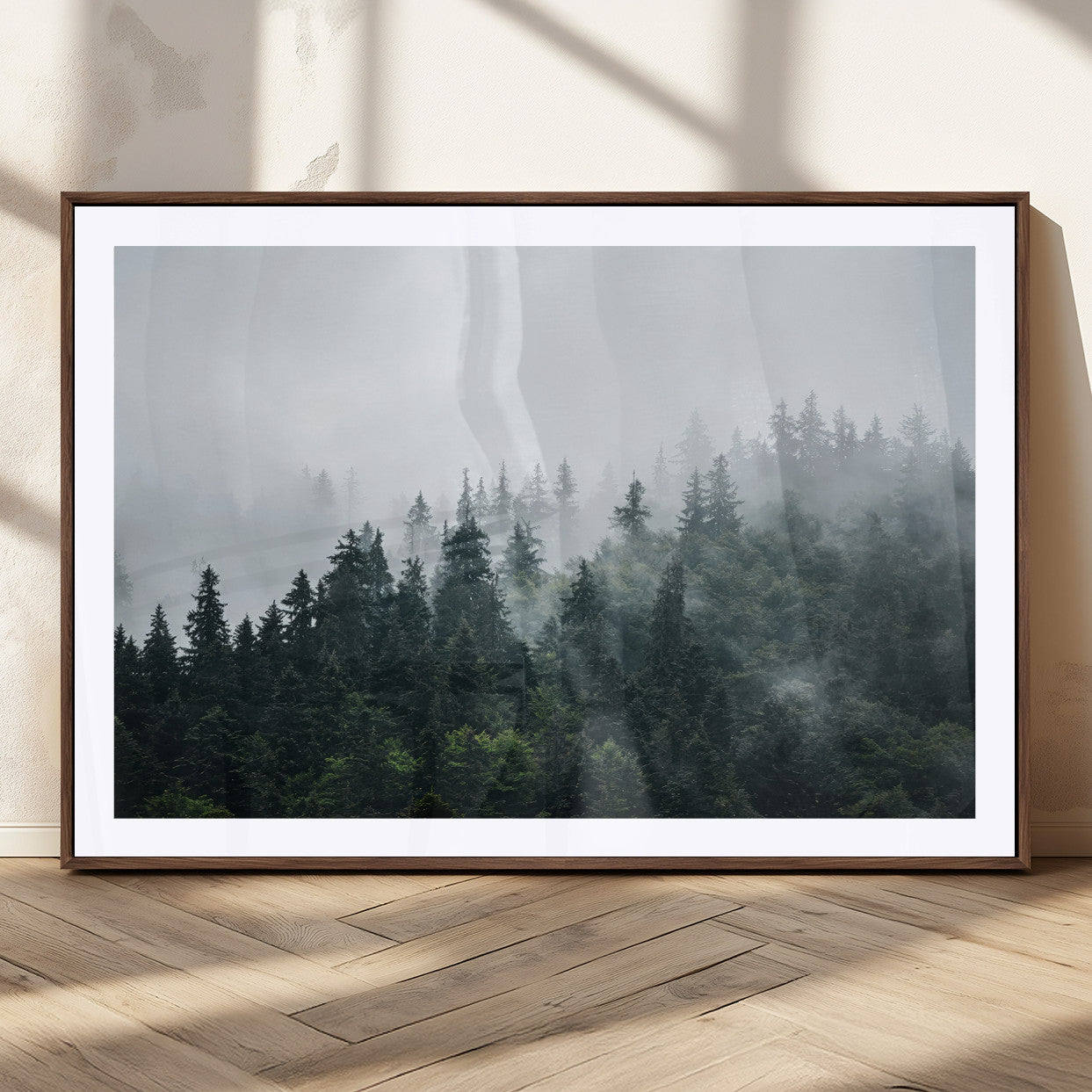 84146572-MGC-FP-36x24_Walnut-Foggy Pine Trees Wall Art Canvas Print, Framed Forest Nature Art Picture Print, Evergreen Forest Perfect Scandinavian Minimalist