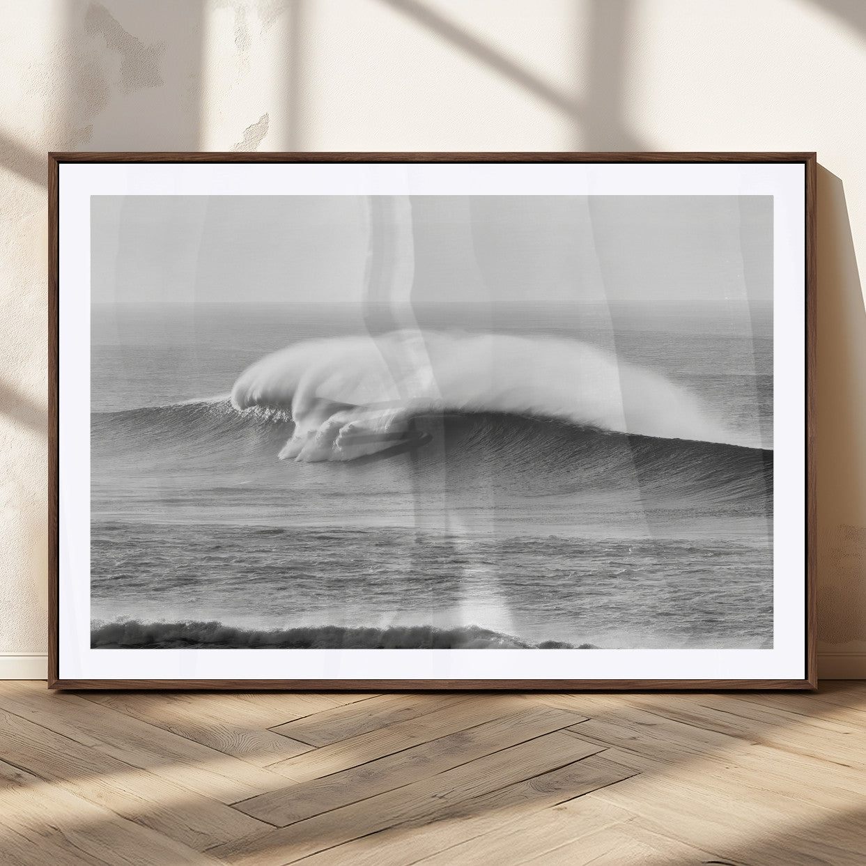 42544082-MGC-FP-36x24_Walnut-Monochrome Seascape Wall Art Canvas Print, Framed Surf Wave Art Picture Print, Minimalist Ocean Perfect Moody Coastal Decor