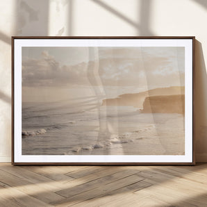 57669769-MGC-FP-36x24_Walnut-Misty Coastal Wall Art Canvas Print, Framed Golden Sunset Art Picture Print, Serene Shoreline Perfect Tranquil Coastal Decor