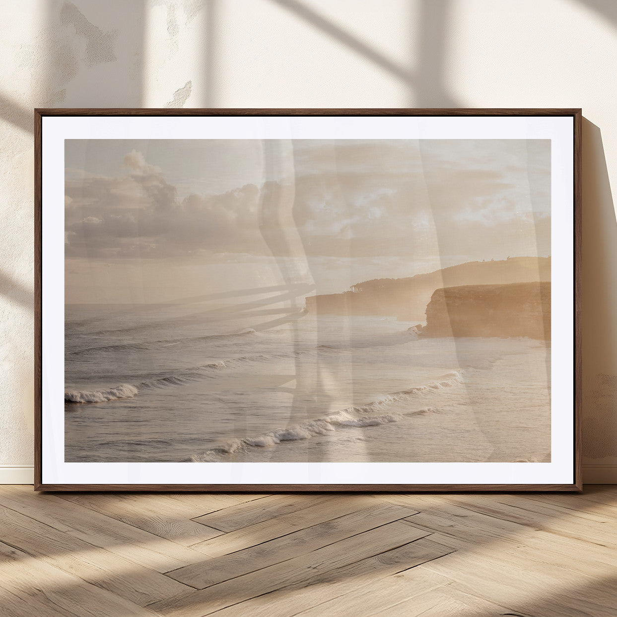 57669769-MGC-FP-36x24_Walnut-Misty Coastal Wall Art Canvas Print, Framed Golden Sunset Art Picture Print, Serene Shoreline Perfect Tranquil Coastal Decor