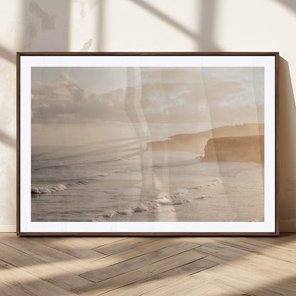57669769-MGC-FP-36x24_Walnut-Misty Coastal Wall Art Canvas Print, Framed Golden Sunset Art Picture Print, Serene Shoreline Perfect Tranquil Coastal Decor