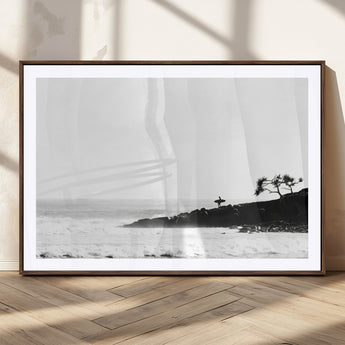 40875891-MGC-FP-36x24_Walnut-SurferCliffs Wall Art Canvas Print, Framed Black White Beach Art Picture Print, Ocean Waves Perfect Minimalist Coastal Decor