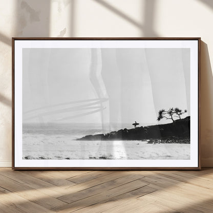 40875891-MGC-FP-36x24_Walnut-SurferCliffs Wall Art Canvas Print, Framed Black White Beach Art Picture Print, Ocean Waves Perfect Minimalist Coastal Decor