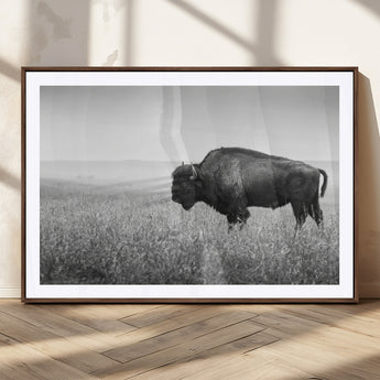 28435251-MGC-FP-36x24_Walnut-Bison In Prairie Wall Art Canvas Print, Framed Rustic Wildlife Art Picture Print, Wild Buffalo Perfect Rustic Western Decor