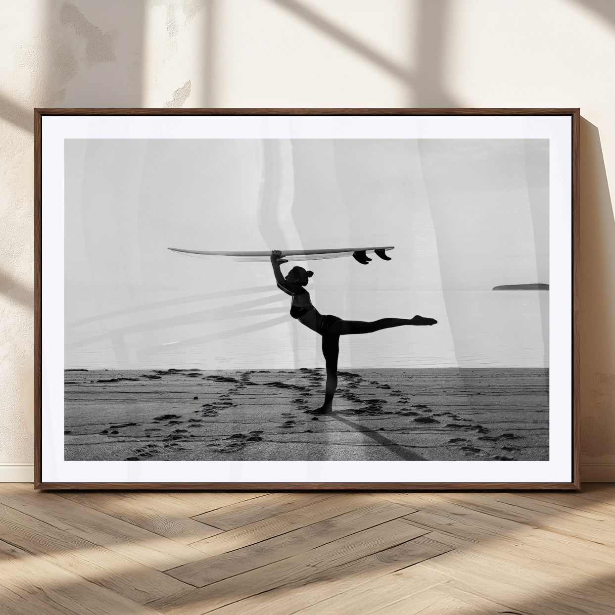 28441356-MGC-FP-36x24_Walnut-Yoga Surf Wall Art Canvas Print, Framed Black White Shore Art Picture Print, Peaceful Ocean Perfect Minimalist Coastal Decor
