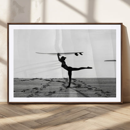 28441356-MGC-FP-36x24_Walnut-Yoga Surf Wall Art Canvas Print, Framed Black White Shore Art Picture Print, Peaceful Ocean Perfect Minimalist Coastal Decor