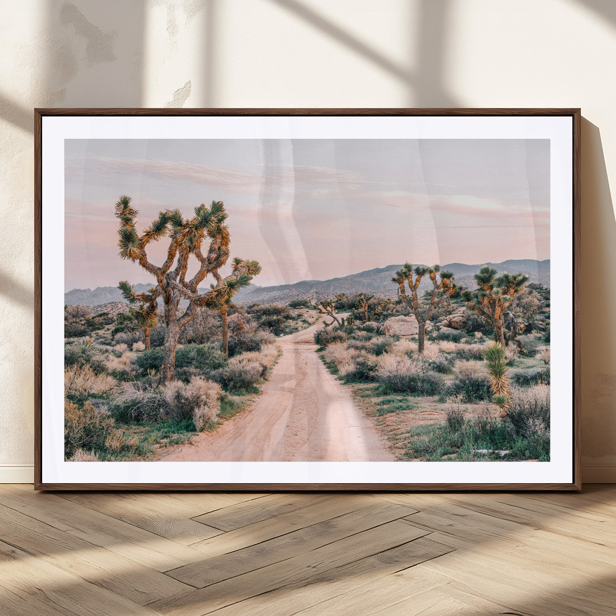 12540952-MGC-FP-36x24_Walnut-Joshua Tree Park Wall Art Canvas Print, Framed Desert Road Art Picture Print, Sunset Drive Perfect Southwestern Boho Decor Artwork