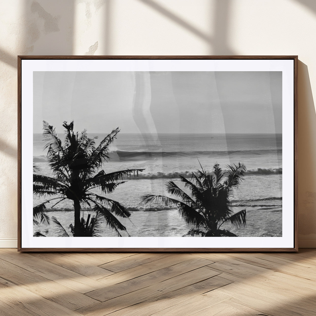 17508038-MGC-FP-36x24_Walnut-Tropical Coastline Wall Art Canvas Print, Framed Palm Trees Art Picture Print, Ocean Waves Perfect Minimalist Coastal Decor