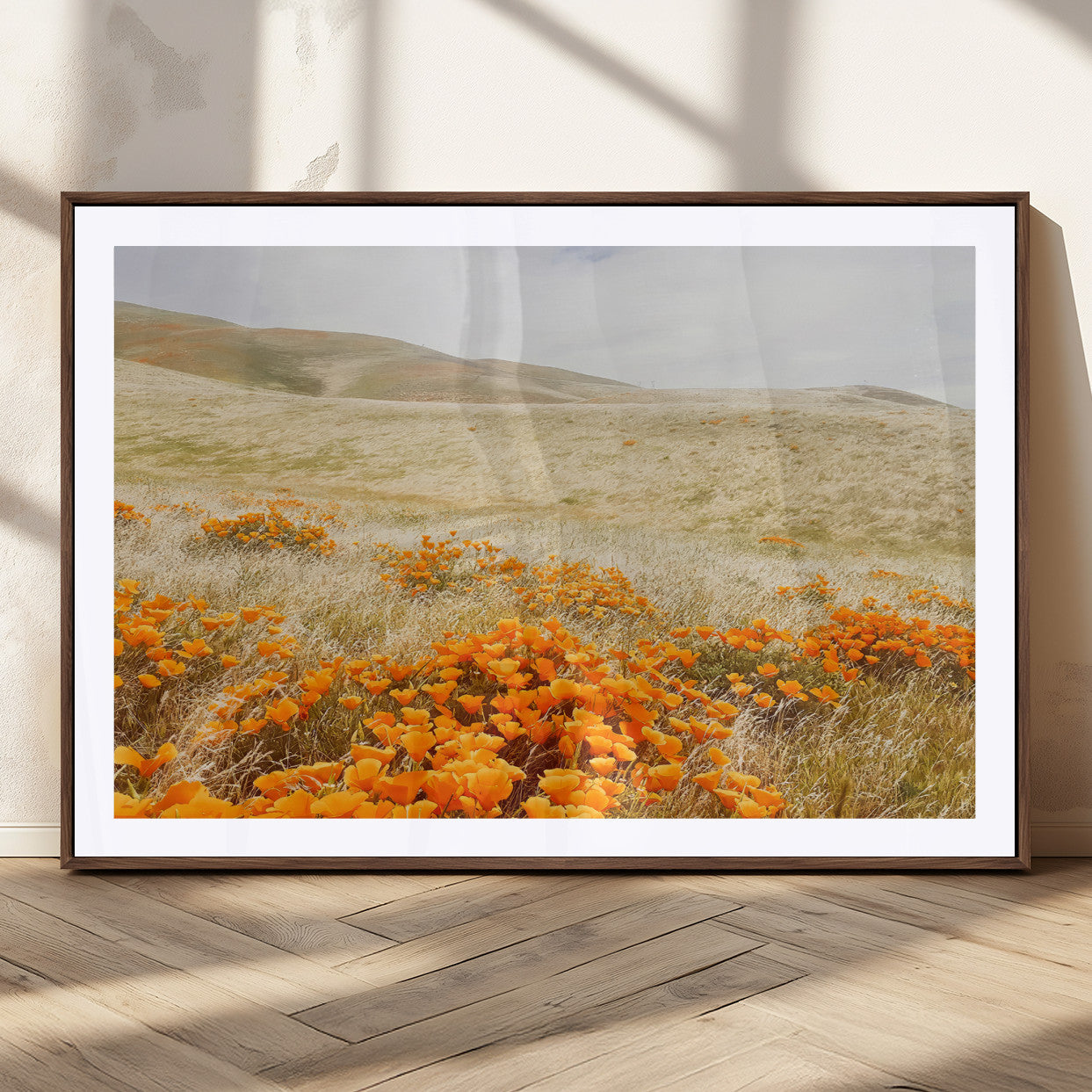 28972262-MGC-FP-36x24_Walnut-Golden Wildflowers Wall Art Canvas Print, Framed Hills Bloom Art Picture Print, Poppy Meadow Perfect Rustic Nature Decor Artwork