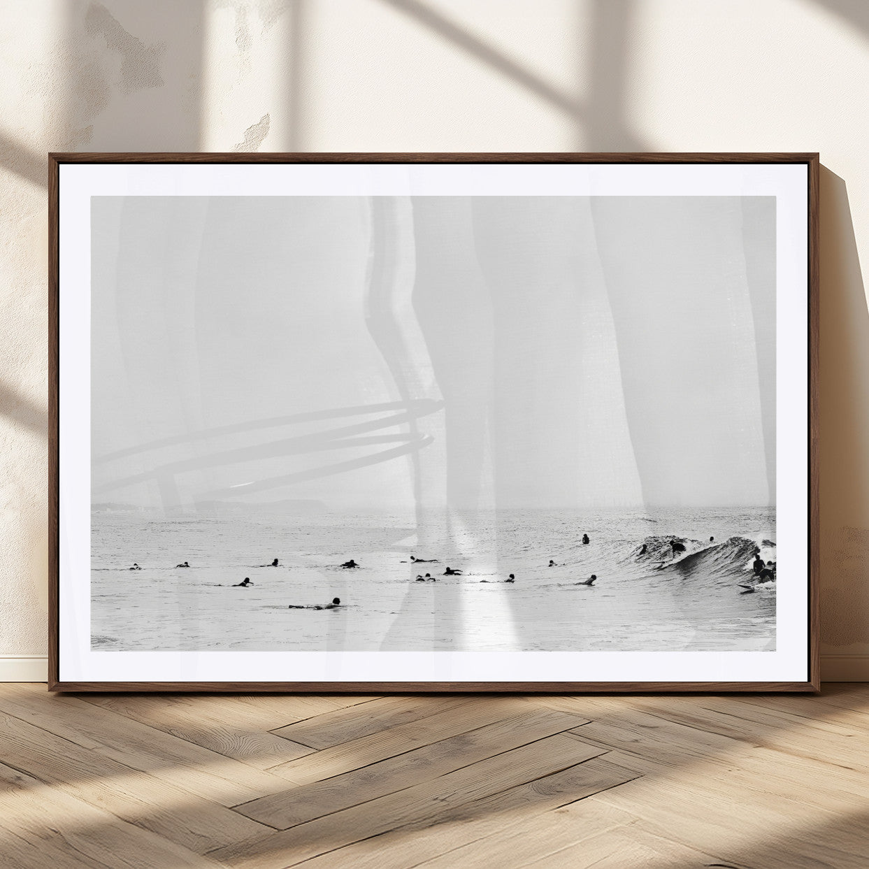 38441169-MGC-FP-36x24_Walnut-Monochrome Swimming Wall Art Canvas Print, Framed Ocean Horizon Art Picture Print, Moody Coastal Perfect Minimalist Coastal Decor