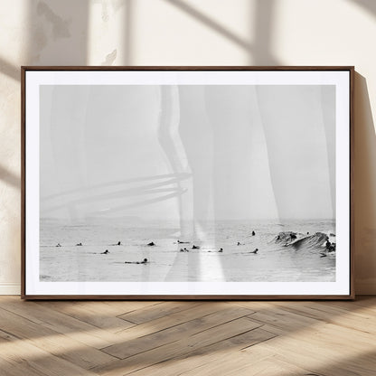 38441169-MGC-FP-36x24_Walnut-Monochrome Swimming Wall Art Canvas Print, Framed Ocean Horizon Art Picture Print, Moody Coastal Perfect Minimalist Coastal Decor