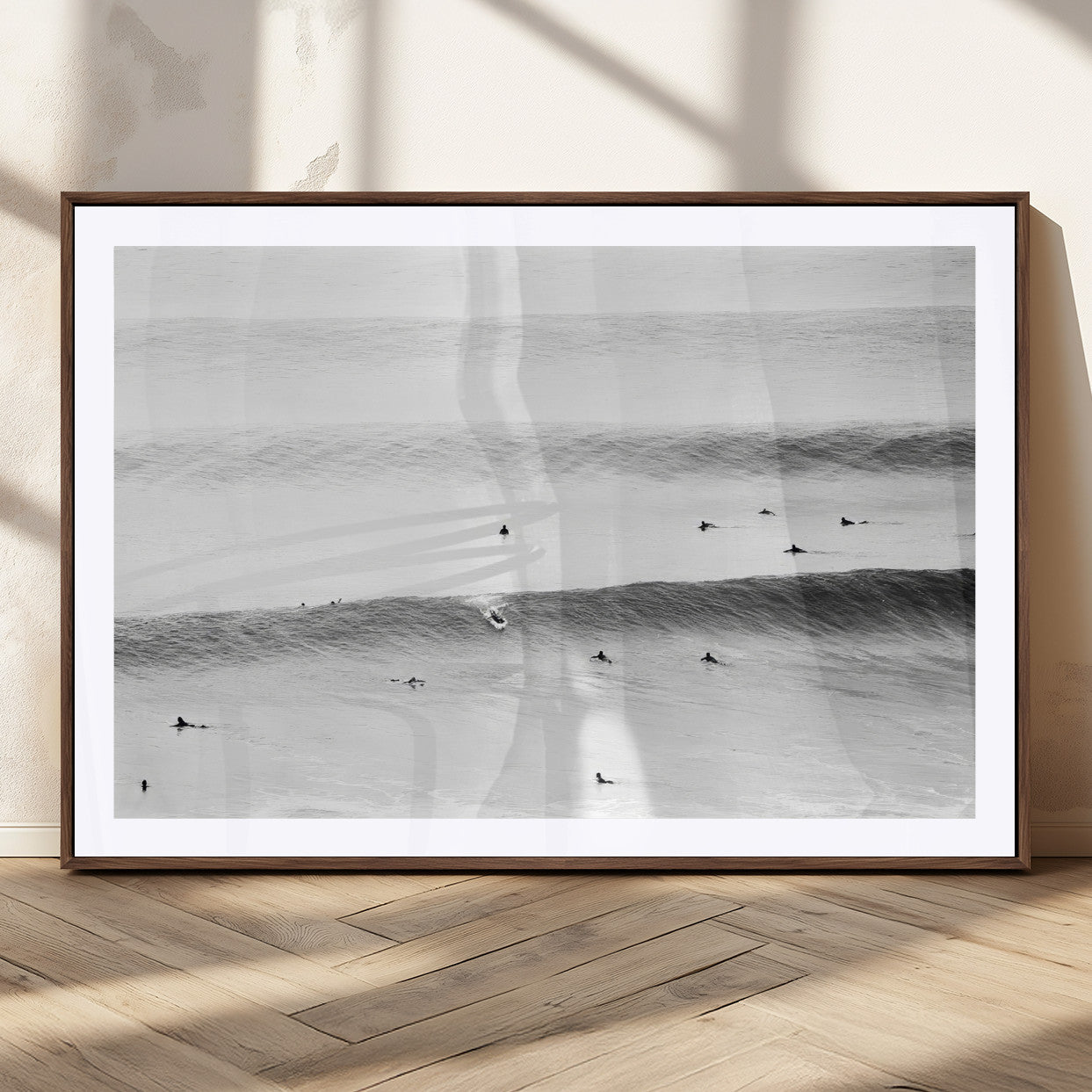 54291445-MGC-FP-36x24_Walnut-Black White Ocean Wall Art Canvas Print, Framed Coastal Sport Art Picture Print, Ocean Culture Perfect Minimalist Coastal Decor