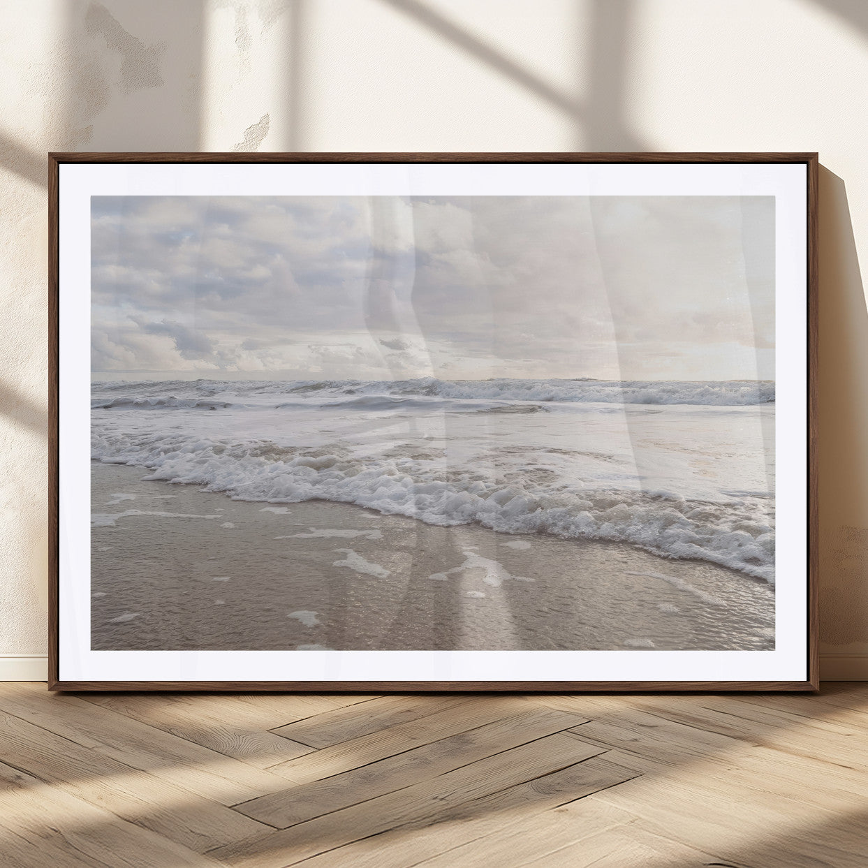 70596264-MGC-FP-36x24_Walnut-Ocean Waves Wall Art Canvas Print, Framed Coastal Shoreline Art Picture Print, Sea Foam Perfect Coastal Minimalist Decor Artwork
