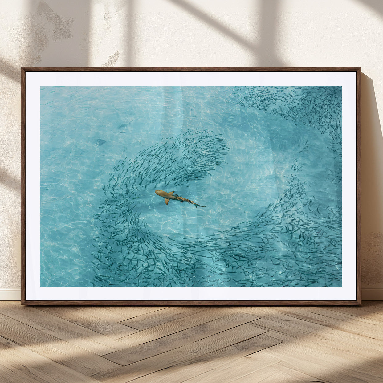 43671474-MGC-FP-36x24_Walnut-Fish Swarm Wall Art Canvas Print, Framed Marine Life Art Picture Print, Shark Aerial Perfect Wildlife Coastal Decor Artwork