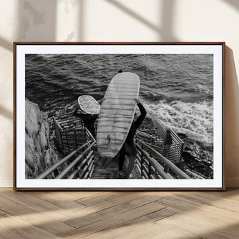 32353707-MGC-FP-36x24_Walnut-Black White Surfing Wall Art Canvas Print, Framed Coastal Surfing Art Picture Print, Wave Riders Perfect Coastal Adventure Decor