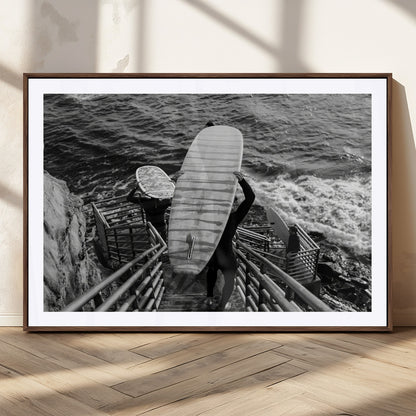 32353707-MGC-FP-36x24_Walnut-Black White Surfing Wall Art Canvas Print, Framed Coastal Surfing Art Picture Print, Wave Riders Perfect Coastal Adventure Decor