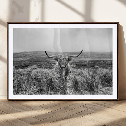 24051061-MGC-FP-36x24_Walnut-Monochrome Highland Cow Wall Art Canvas Print, Framed Scottish Bull Art Picture Print, Lone Cattle Perfect Rustic Farmhouse Decor