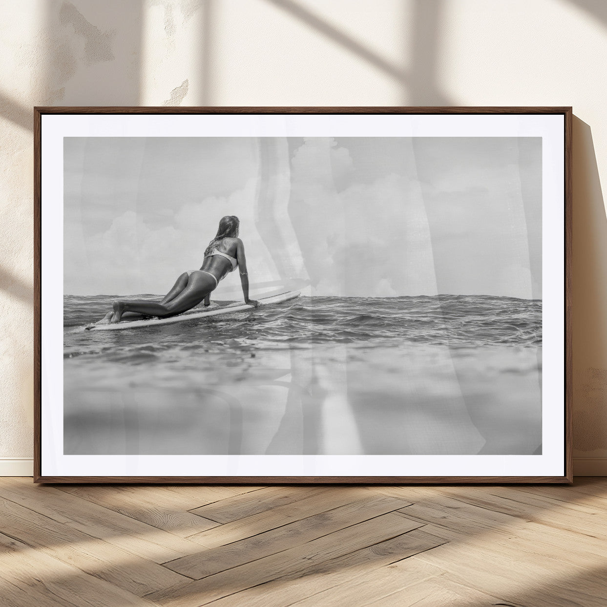 69798068-MGC-FP-36x24_Walnut-Black White Surfing Wall Art Canvas Print, Framed Ocean Horizon Art Picture Print, Surfer Girl Perfect Coastal Adventure Decor