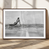 69798068-MGC-FP-36x24_Walnut-Black White Surfing Wall Art Canvas Print, Framed Ocean Horizon Art Picture Print, Surfer Girl Perfect Coastal Adventure Decor