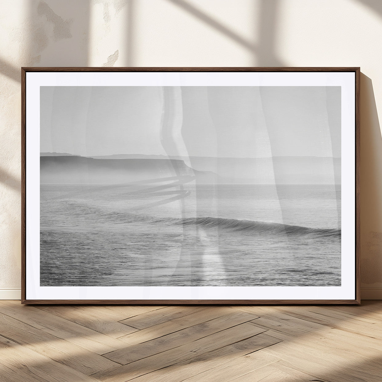 60635783-MGC-FP-36x24_Walnut-Black White Seascape Wall Art Canvas Print, Framed Ocean Waves Art Picture Print, Misty Coastal Perfect Minimalist Coastal Decor