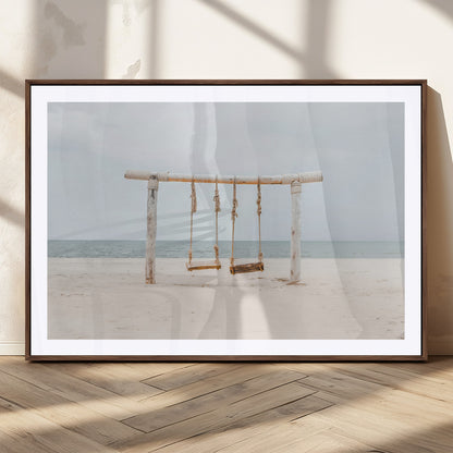 68327283-MGC-FP-36x24_Walnut-Beach Swing Wall Art Canvas Print, Framed Quiet Beach Art Picture Print, Calm Shoreline Perfect Bohemian Coastal Decor Artwork