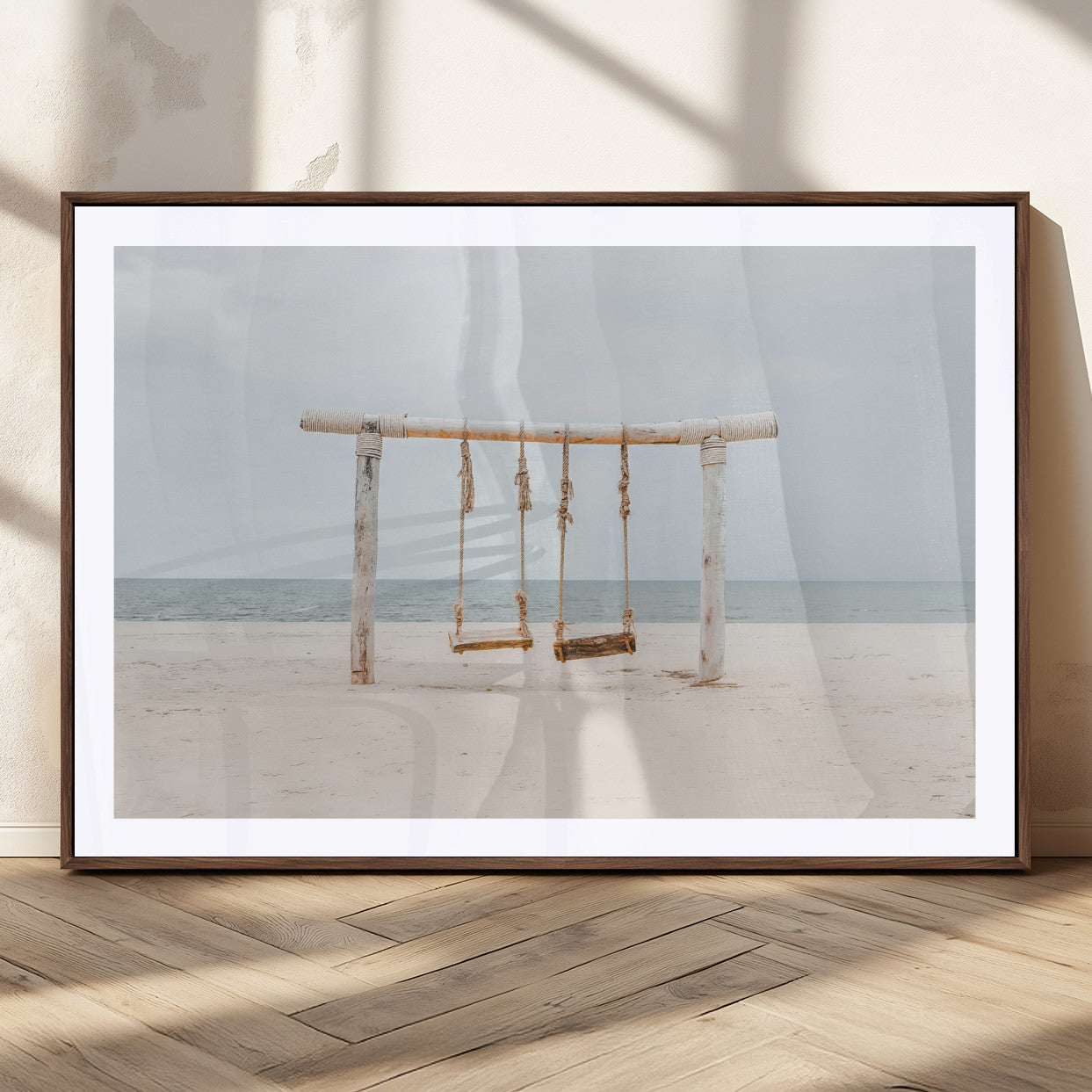 68327283-MGC-FP-36x24_Walnut-Beach Swing Wall Art Canvas Print, Framed Quiet Beach Art Picture Print, Calm Shoreline Perfect Bohemian Coastal Decor Artwork