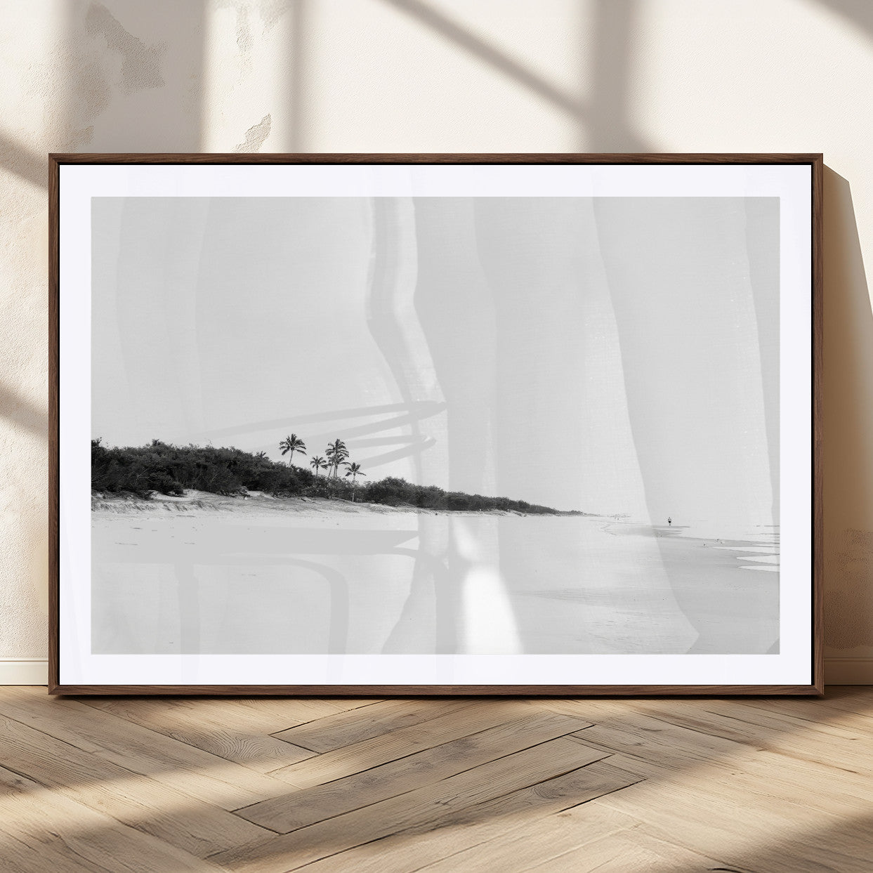 29611516-MGC-FP-36x24_Walnut-Black White Beach Wall Art Canvas Print, Framed Palm Trees Art Picture Print, Monochrome Tropical Perfect Minimalist Coastal Decor