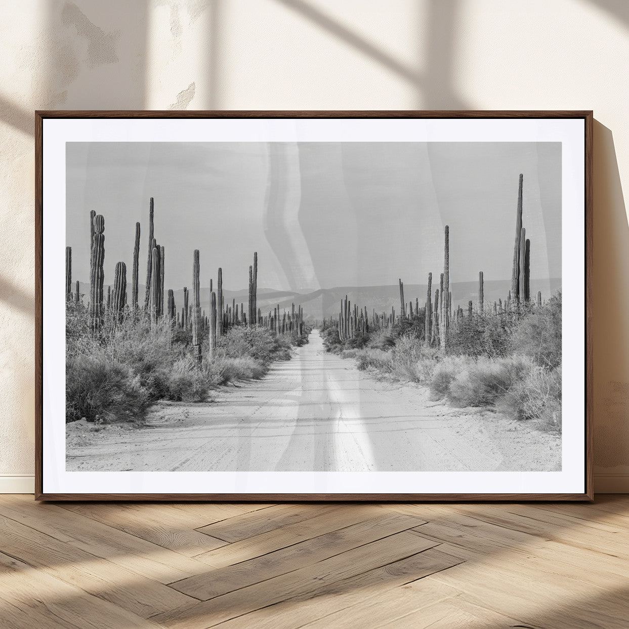 35537313-MGC-FP-36x24_Walnut-Monochrome Desert Wall Art Canvas Print, Framed Cactus Path Art Picture Print, Southwestern Landscape Perfect Southwestern