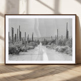 35537313-MGC-FP-36x24_Walnut-Monochrome Desert Wall Art Canvas Print, Framed Cactus Path Art Picture Print, Southwestern Landscape Perfect Southwestern