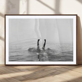 26667396-MGC-FP-36x24_Walnut-Black White Ocean Wall Art Canvas Print, Framed Monochrome Water Art Picture Print, Diving into Water Perfect Minimalist Aquatic