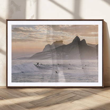 70644906-MGC-FP-36x24_Walnut-Sunset Surfing Wall Art Canvas Print, Framed Misty Mountains Art Picture Print, Surfer Riding Wave Perfect Coastal Adventure Decor