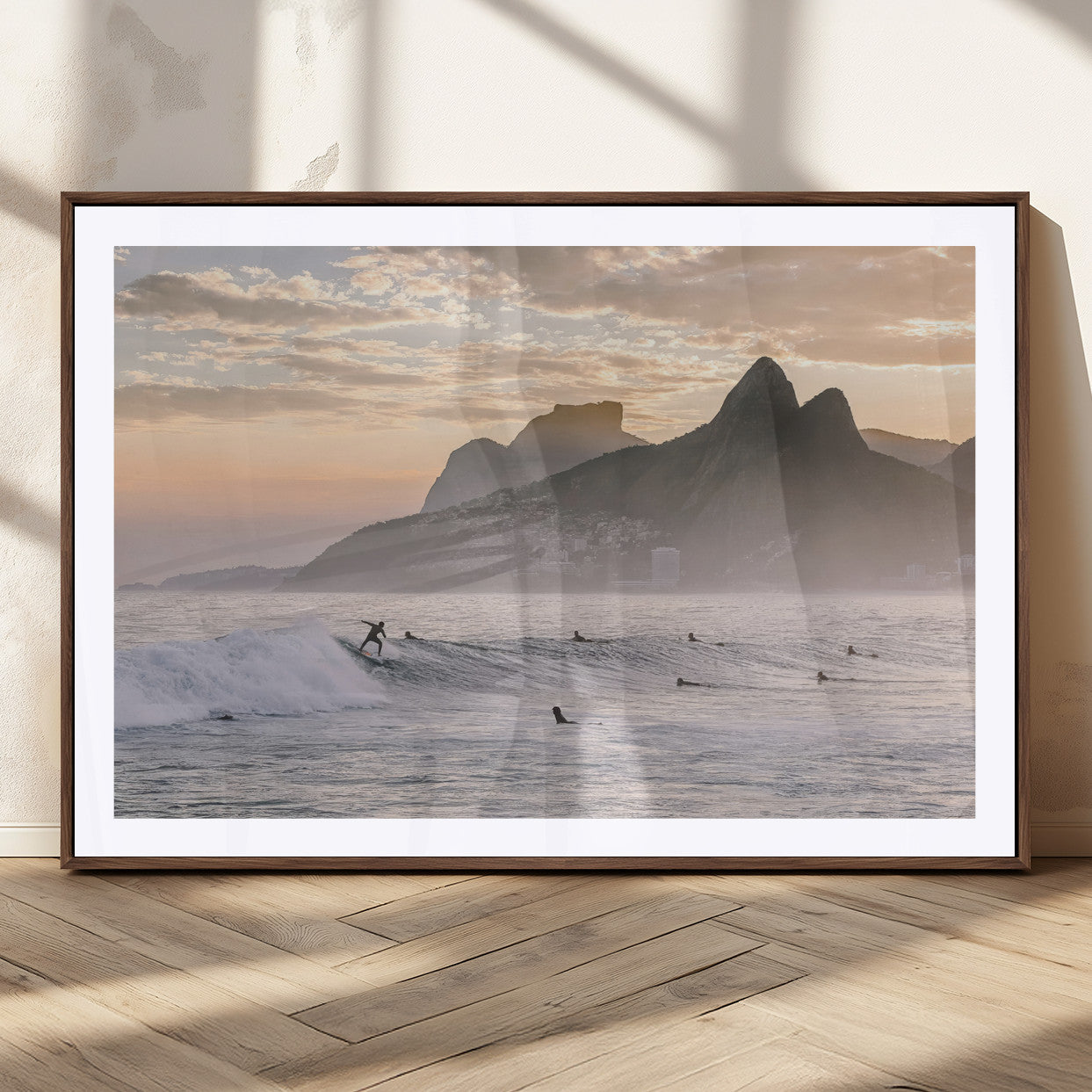 70644906-MGC-FP-36x24_Walnut-Sunset Surfing Wall Art Canvas Print, Framed Misty Mountains Art Picture Print, Surfer Riding Wave Perfect Coastal Adventure Decor