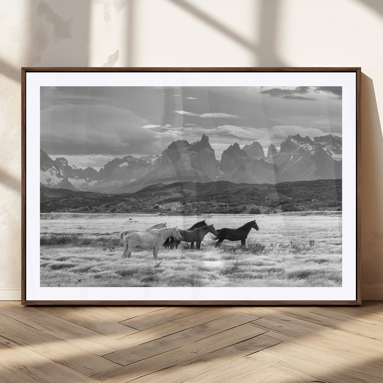 21655040-MGC-FP-36x24_Walnut-Wild Horses Wall Art Canvas Print, Framed Black White Mountains Art Picture Print, Rustic Countryside Perfect Rustic Western Decor