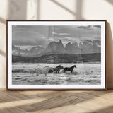 21655040-MGC-FP-36x24_Walnut-Wild Horses Wall Art Canvas Print, Framed Black White Mountains Art Picture Print, Rustic Countryside Perfect Rustic Western Decor