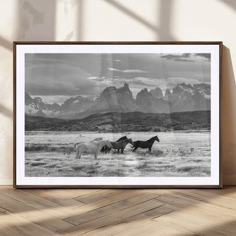 21655040-MGC-FP-36x24_Walnut-Wild Horses Wall Art Canvas Print, Framed Black White Mountains Art Picture Print, Rustic Countryside Perfect Rustic Western Decor
