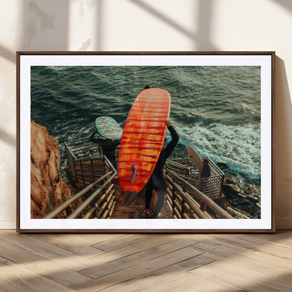 84555848-MGC-FP-36x24_Walnut-Surfer Stairway Wall Art Canvas Print, Framed Ocean Surf Art Picture Print, Sunset Coastal Perfect Coastal Adventure Decor Artwork