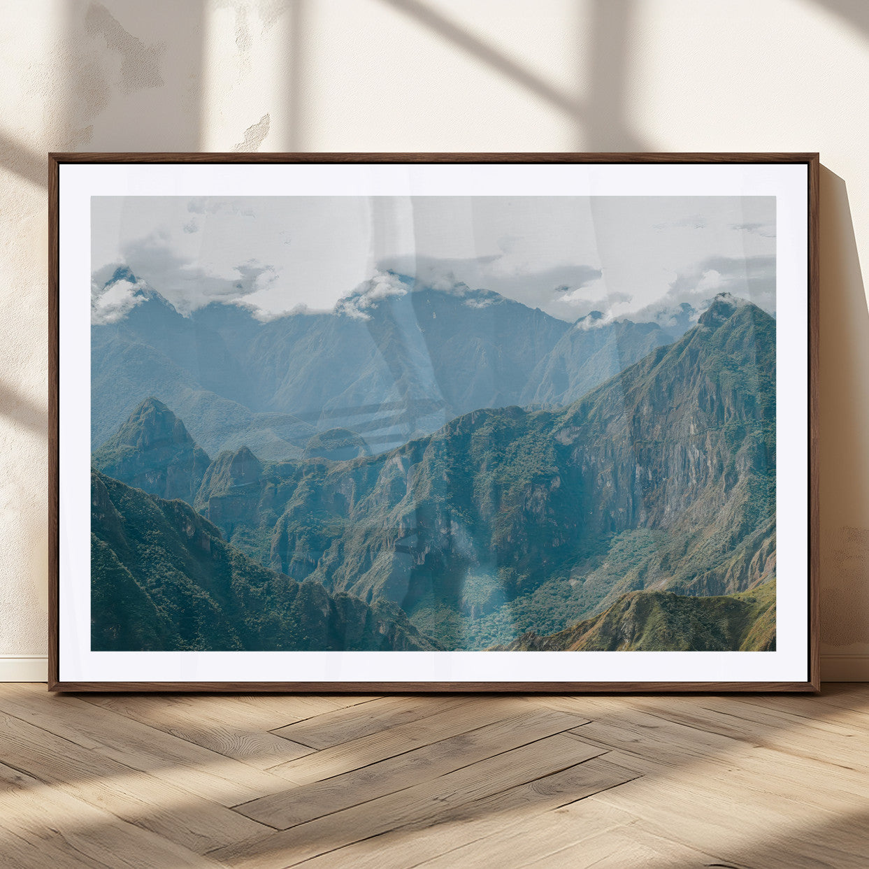 79393816-MGC-FP-36x24_Walnut-Misty Mountain Wall Art Canvas Print, Framed Cloudy Andean Art Picture Print, Rugged Mountain Perfect Rustic Nature Decor Artwork
