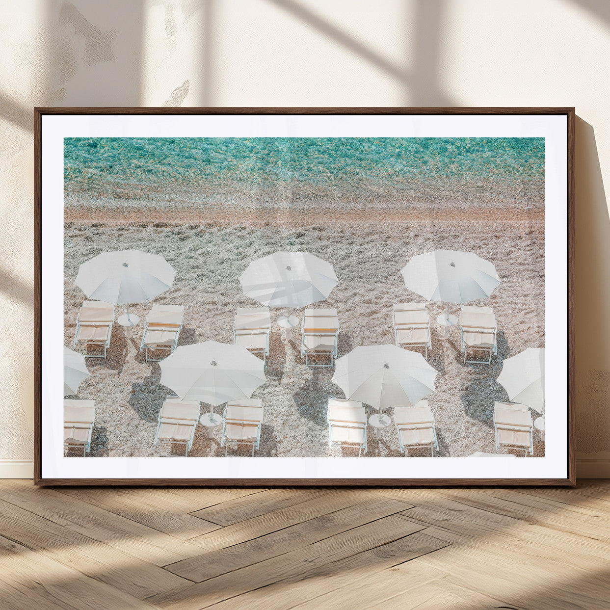 83736167-MGC-FP-36x24_Walnut-Calm Beach Wall Art Canvas Print, Framed Turquoise Water Art Picture Print, Umbrella Shoreline Perfect Coastal Minimalist Decor