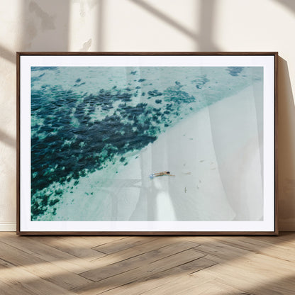33764764-MGC-FP-36x24_Walnut-Minimal Beach Wall Art Canvas Print, Framed Ocean Swimming Art Picture Print, Clear Ocean Perfect Minimal Coastal Decor Artwork