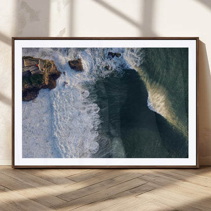 37405684-MGC-FP-36x24_Walnut-Nazare Coast Wall Art Canvas Print, Framed Aerial Ocean Art Picture Print, Coastal Fortress Perfect Dramatic Coastal Decor Artwork