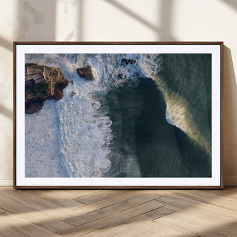 37405684-MGC-FP-36x24_Walnut-Nazaré Coast Wall Art Canvas Print, Framed Aerial Ocean Art Picture Print, Coastal Fortress Perfect Dramatic Coastal Decor Artwork