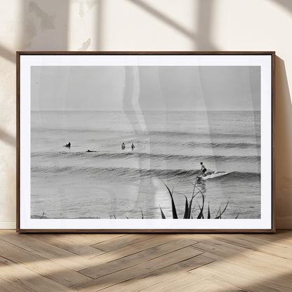 33821421-MGC-FP-36x24_Walnut-Surfer Silhouette Wall Art Canvas Print, Framed Calm Ocean Art Picture Print, Monochrome Surf Perfect Minimalist Coastal Decor