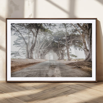 87090469-MGC-FP-36x24_Walnut-Cypress Tunnel Wall Art Canvas Print, Framed Misty Road Art Picture Print, Foggy Trees Perfect Rustic Woodland Decor Artwork