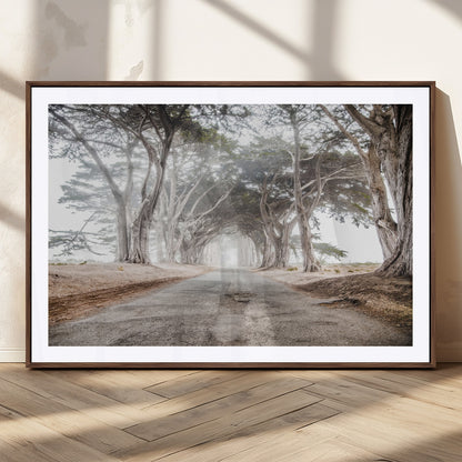 87090469-MGC-FP-36x24_Walnut-Cypress Tunnel Wall Art Canvas Print, Framed Misty Road Art Picture Print, Foggy Trees Perfect Rustic Woodland Decor Artwork