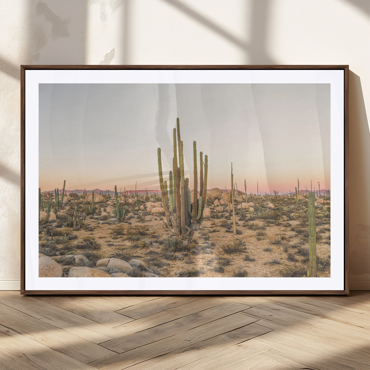 76234974-MGC-FP-36x24_Walnut-Desert Cactus Wall Art Canvas Print, Framed Baja Desert Art Picture Print, Pastel Desert Perfect Southwestern Boho Decor Artwork