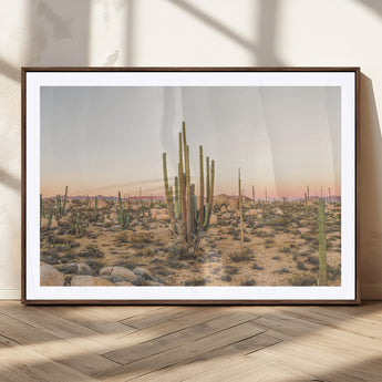 76234974-MGC-FP-36x24_Walnut-Desert Cactus Wall Art Canvas Print, Framed Baja Desert Art Picture Print, Pastel Desert Perfect Southwestern Boho Decor Artwork