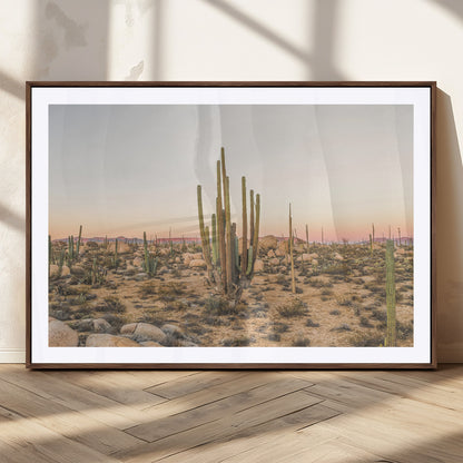 76234974-MGC-FP-36x24_Walnut-Desert Cactus Wall Art Canvas Print, Framed Baja Desert Art Picture Print, Pastel Desert Perfect Southwestern Boho Decor Artwork
