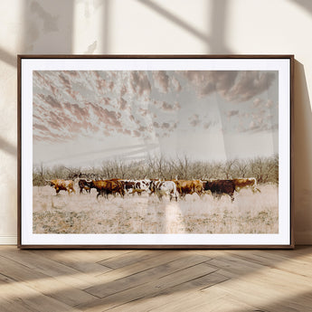 64892775-MGC-FP-36x24_Walnut-Longhorn Cattle Wall Art Canvas Print, Framed Texas Ranch Art Picture Print, Western Cow Perfect Western Decor Artwork