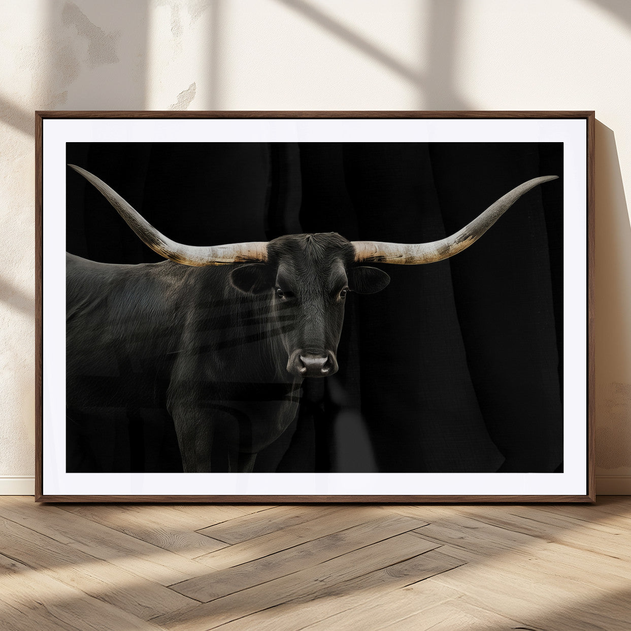 99448328-MGC-FP-36x24_Walnut-Longhorn Cattle Wall Art Canvas Print, Framed Texas Ranch Art Picture Print, Western Cow Perfect Farmhouse Decor Artwork