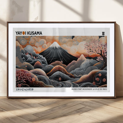 63125329-MGC-FP-36x24_Walnut-Japanese Mt Fuji Wall Art – Surreal Ukiyo e Style Cherry Blossom Poster, Swirling Cloud Landscape Print, Modern Oriental Asian